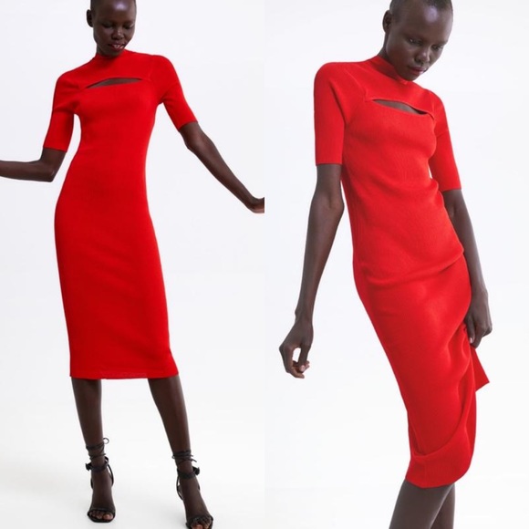 Zara Dresses & Skirts - ZARA RED RIBBED CUTOUT KEYHOLE BODYCON DRESS SZ S